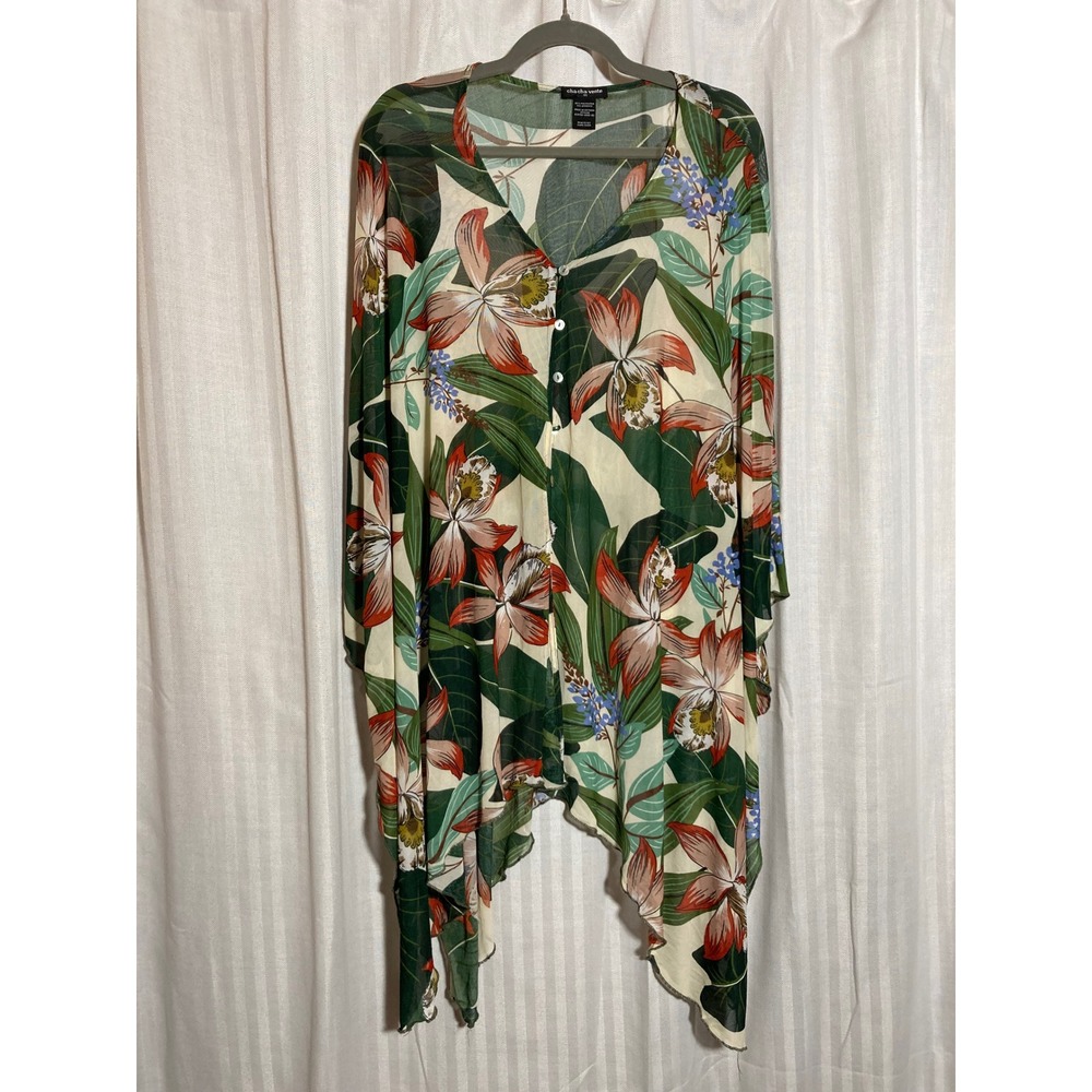 Boho Tropical Resort Floral Mesh Kimono Top Green Coral 2X Cha Cha Vente Beach